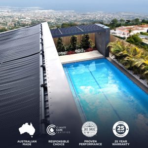Black Rhino Solar Panels on a roof above a pool on a sunny day